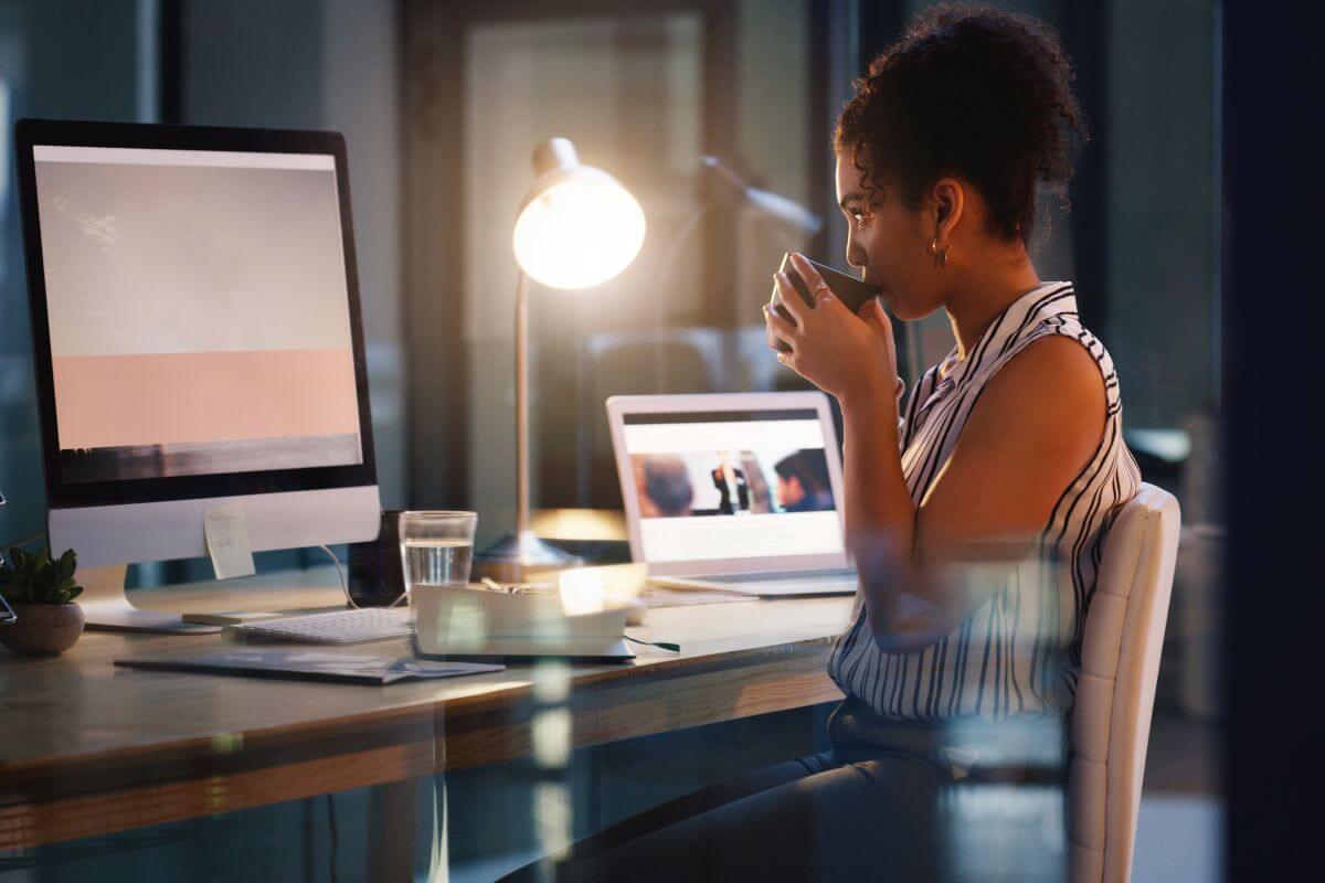 A picture of someone sipping coffee.