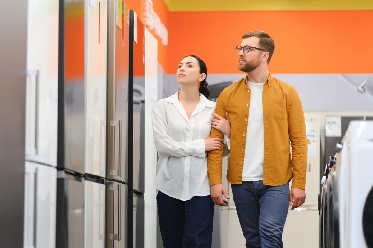 A picture of a couple shopping for an appliance.