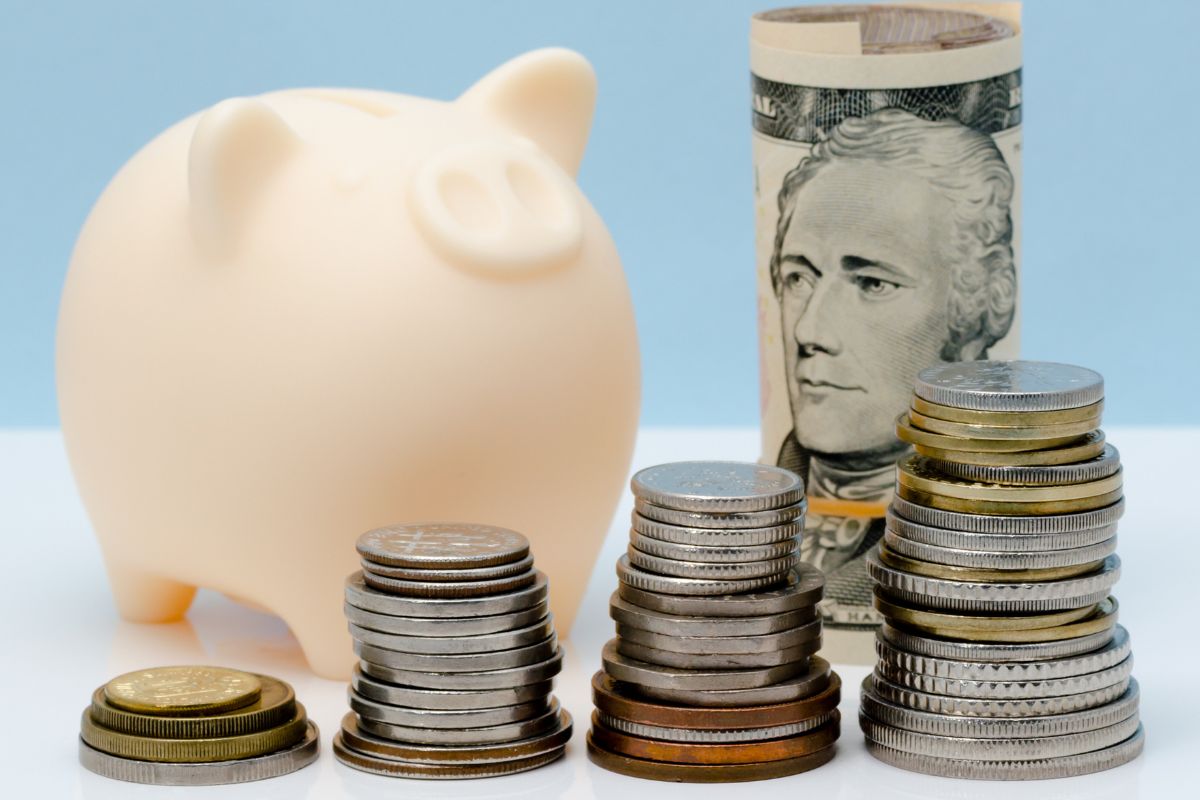 A picture shows money and a piggy bank.