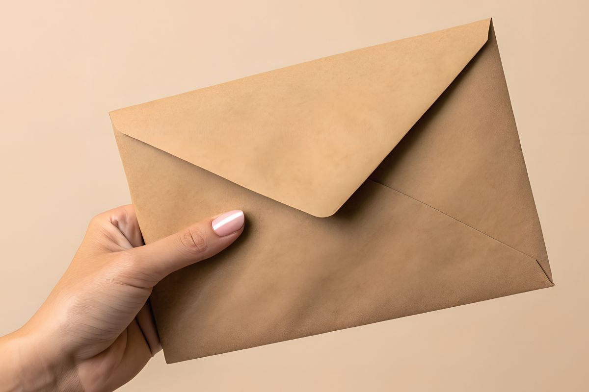 A picture shows a woman's hand holding an envelope.