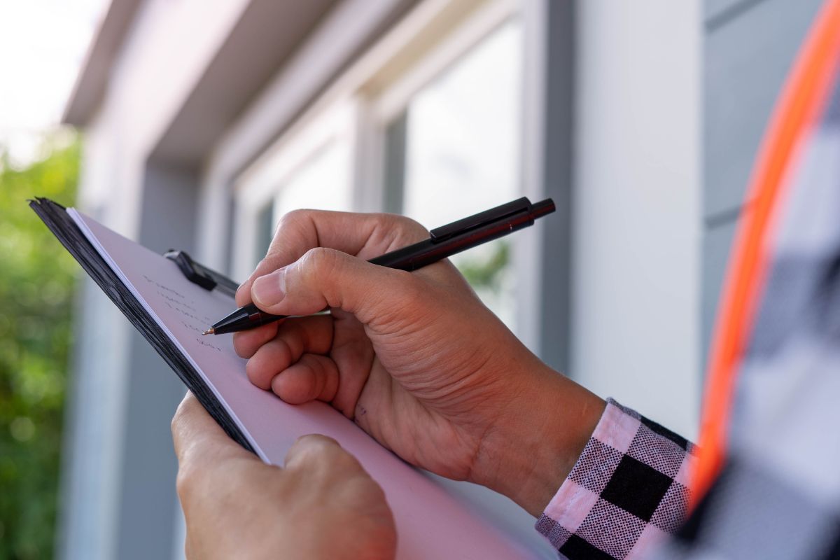 A picture of a man's hand writing something on the paper.