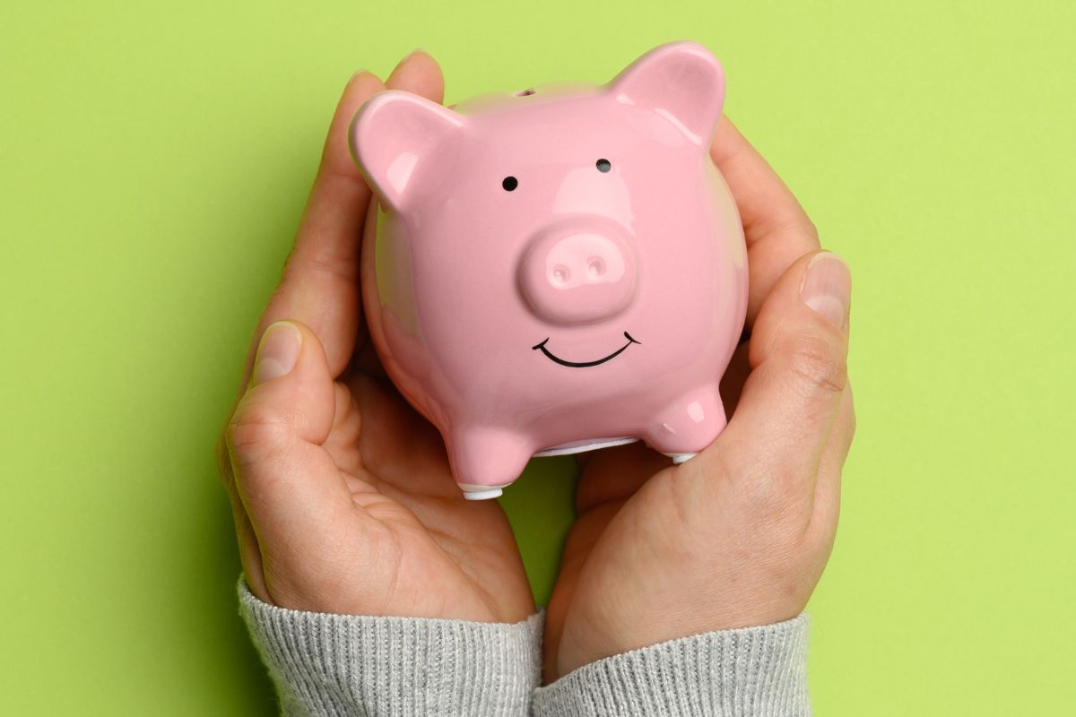 A picture shows a man's hand holding a piggy bank.