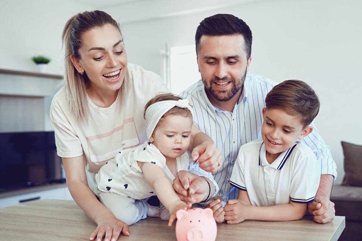 A picture of a family saving money.