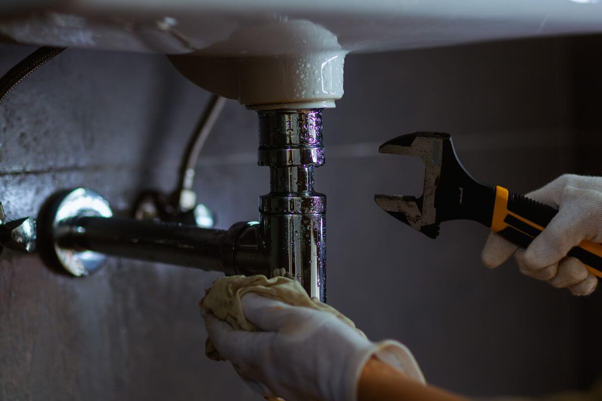 An image of a man fixing the plumbing.