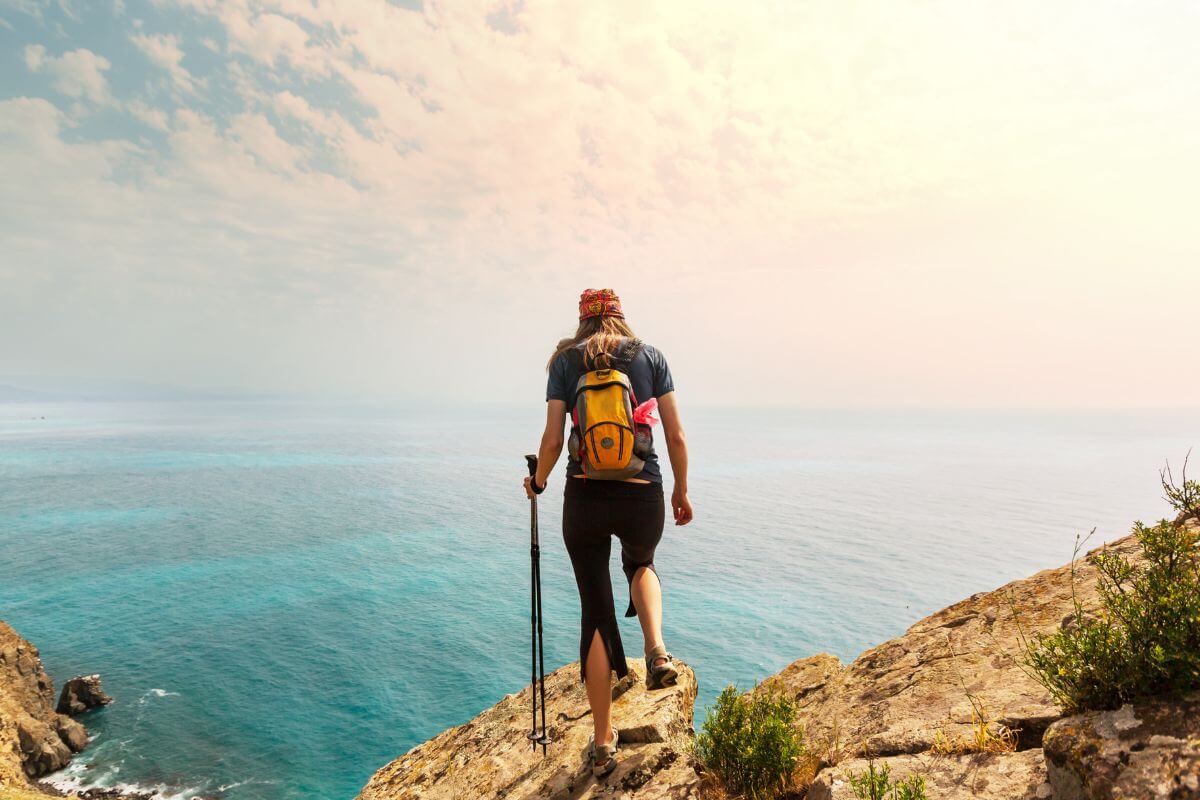 A picture of someone at the summit of a mountain. 