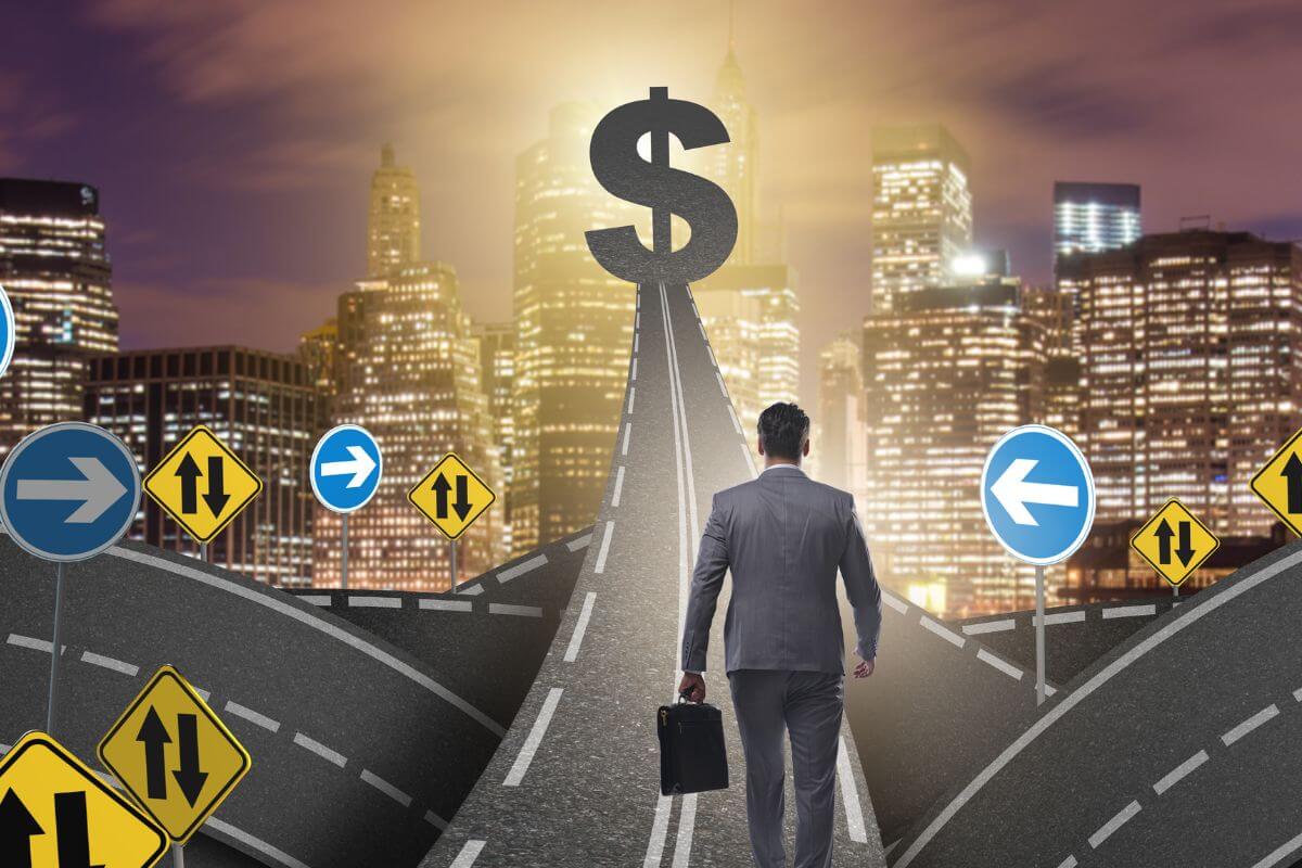 A picture of someone walking towards money.