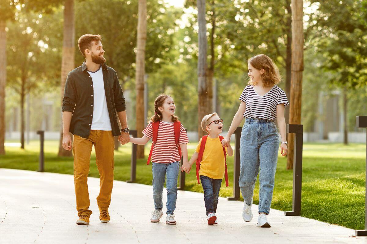 A picture of a happy family at the park. 