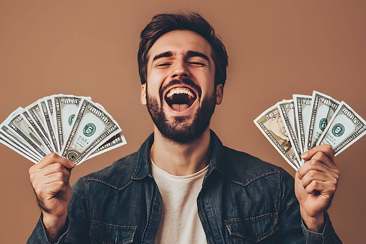 A picture of a man with a lot of money. 