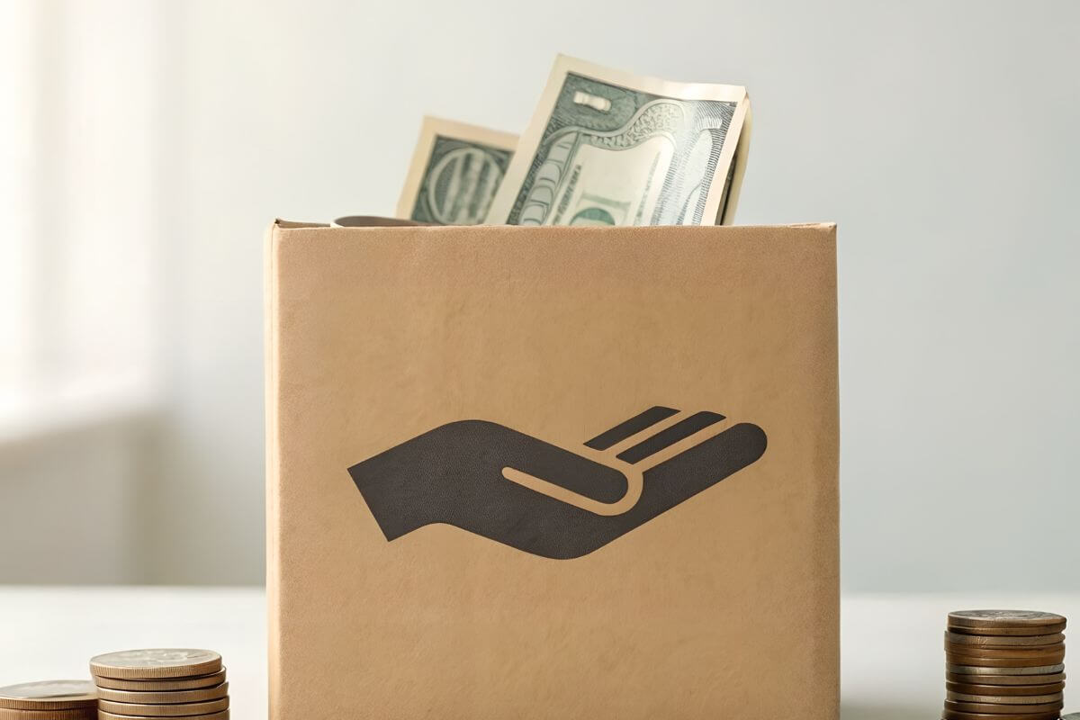 A picture of money inside a box.