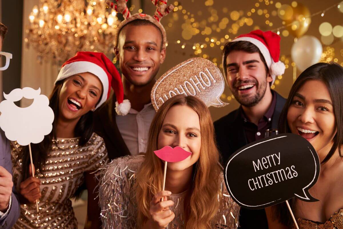 A picture of friends celebrating Christmas.