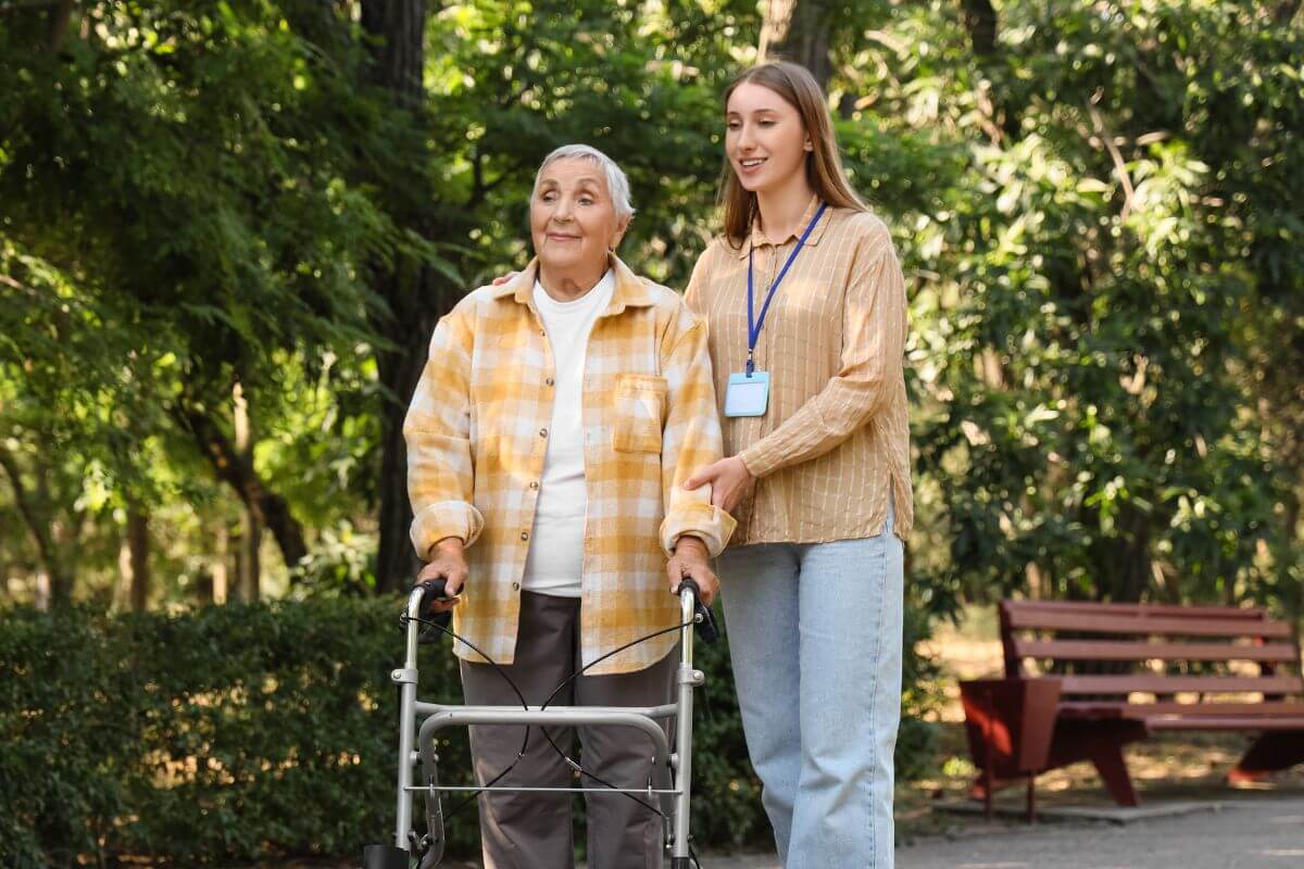 A picture of a retiree walking with a companion.
