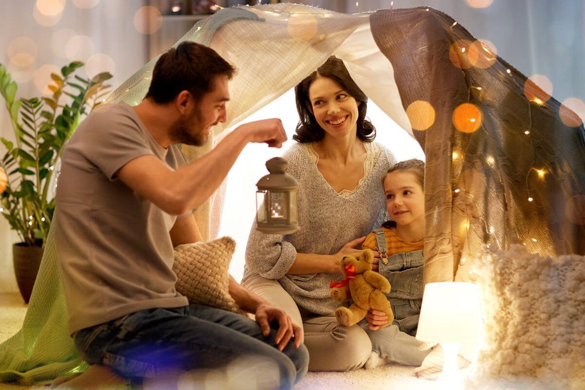 An image shows a family playing a board game.
