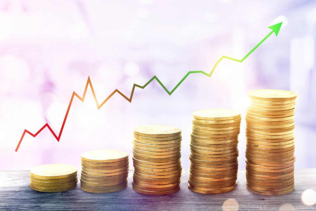 A picture shows stacks of money.