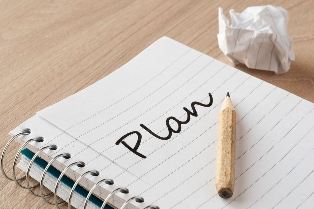 A picture shows a notebook with plan wording.