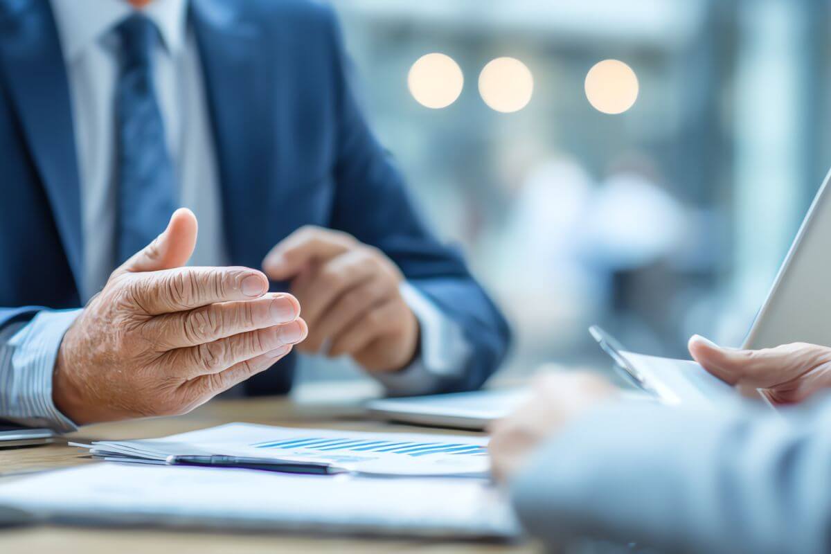 An image shows two men talking.