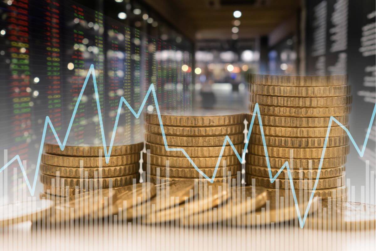 A picture shows stacks of money.