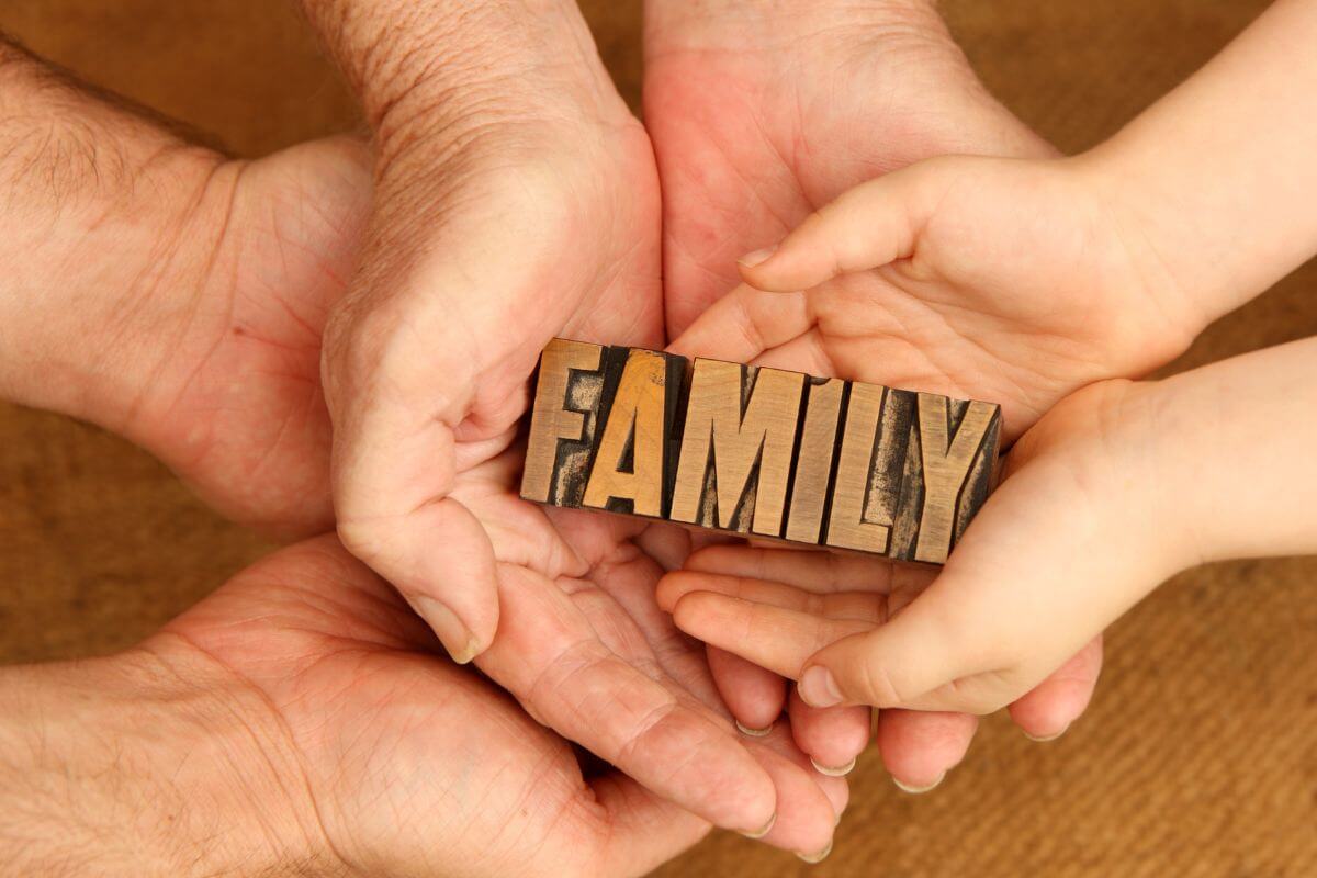 A picture shows hands holding a family word.