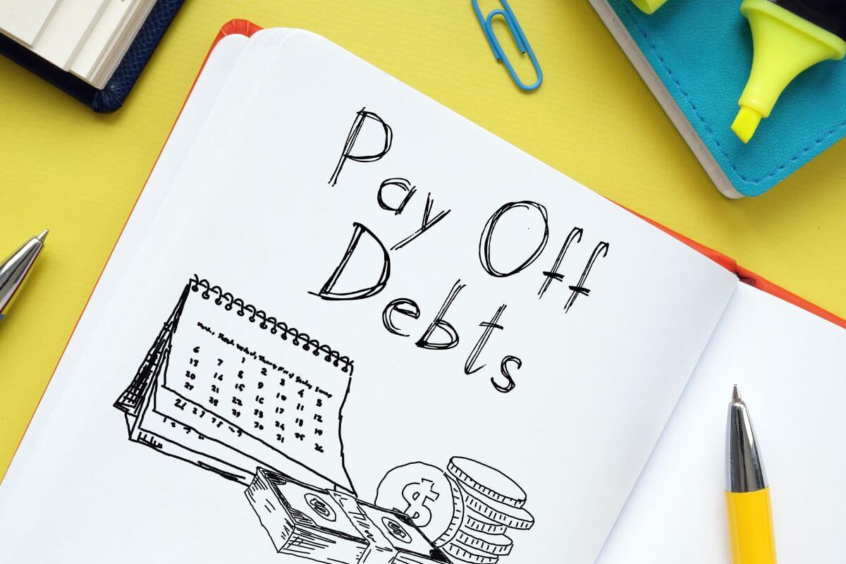 An image shows a notebook with a pay off debts note.