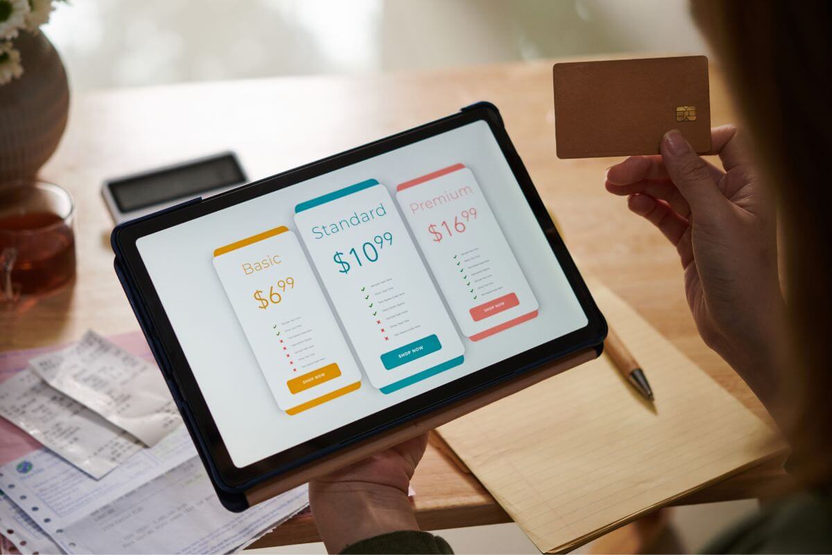 A picture shows a woman checking her subscription.