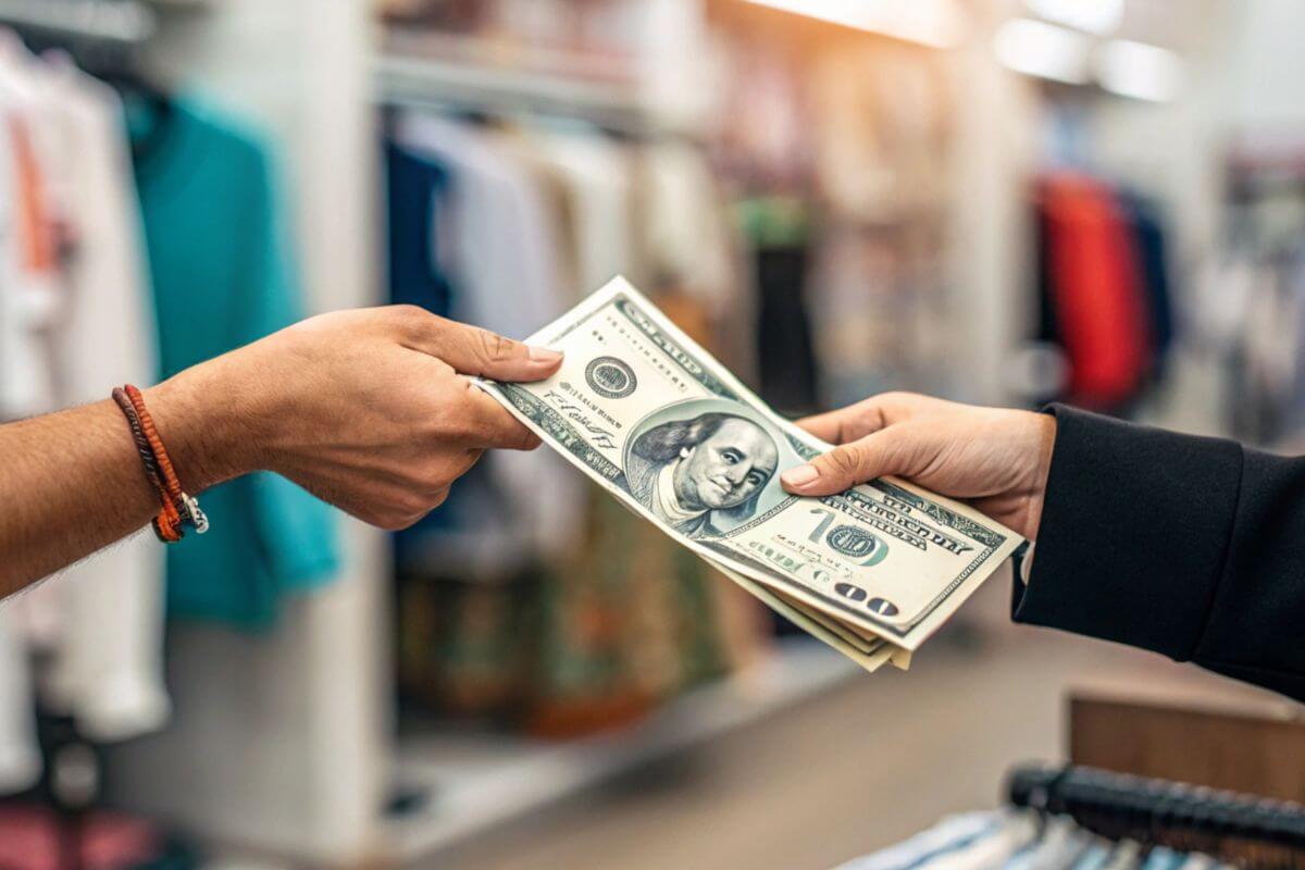 A picture shows a woman's hand paying with cash.