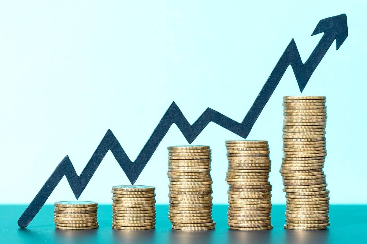 An image shows stacks of coins and a rising arrow.