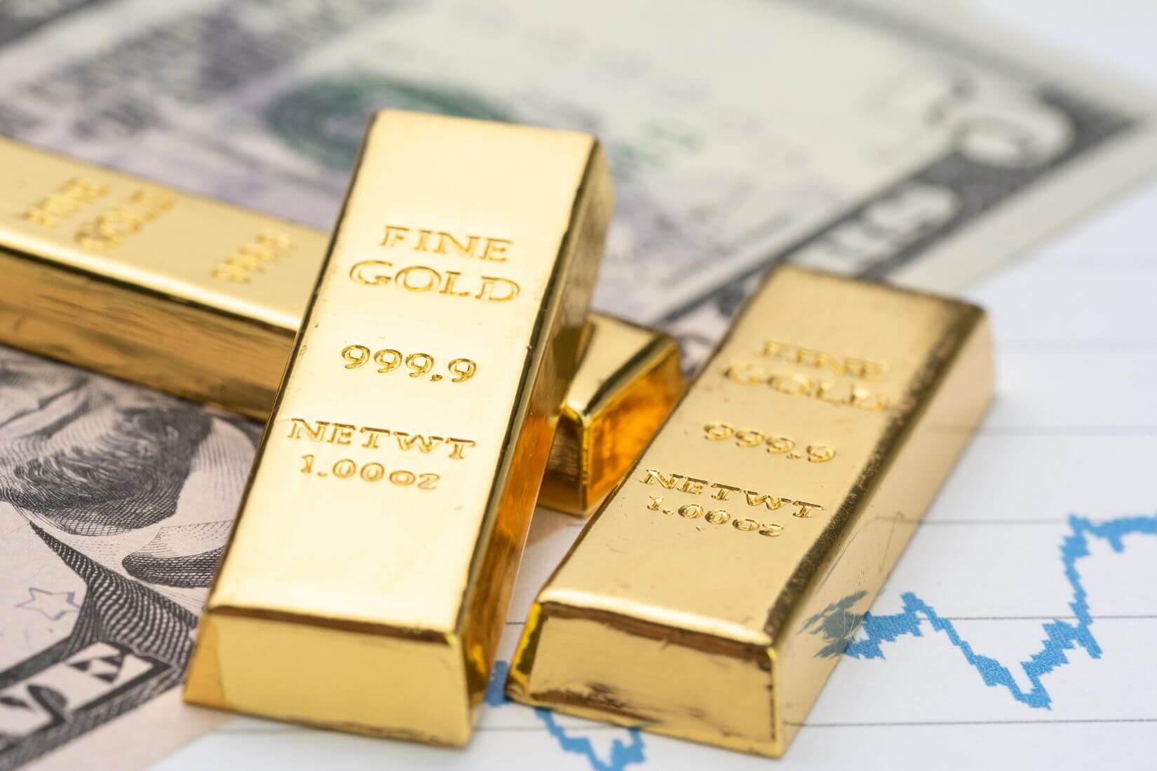A picture shows gold bars and money.