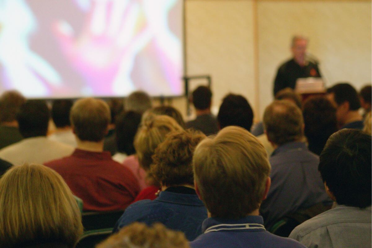 A picture shows people at the church.
