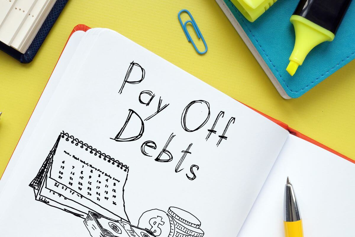 A picture shows a payoff debt wording on a paper.