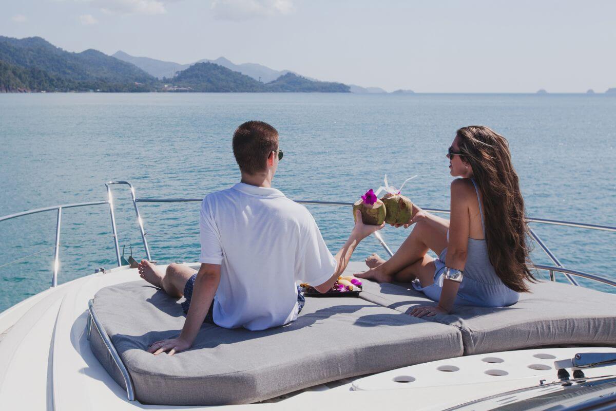 A photo of people in a yacht. 