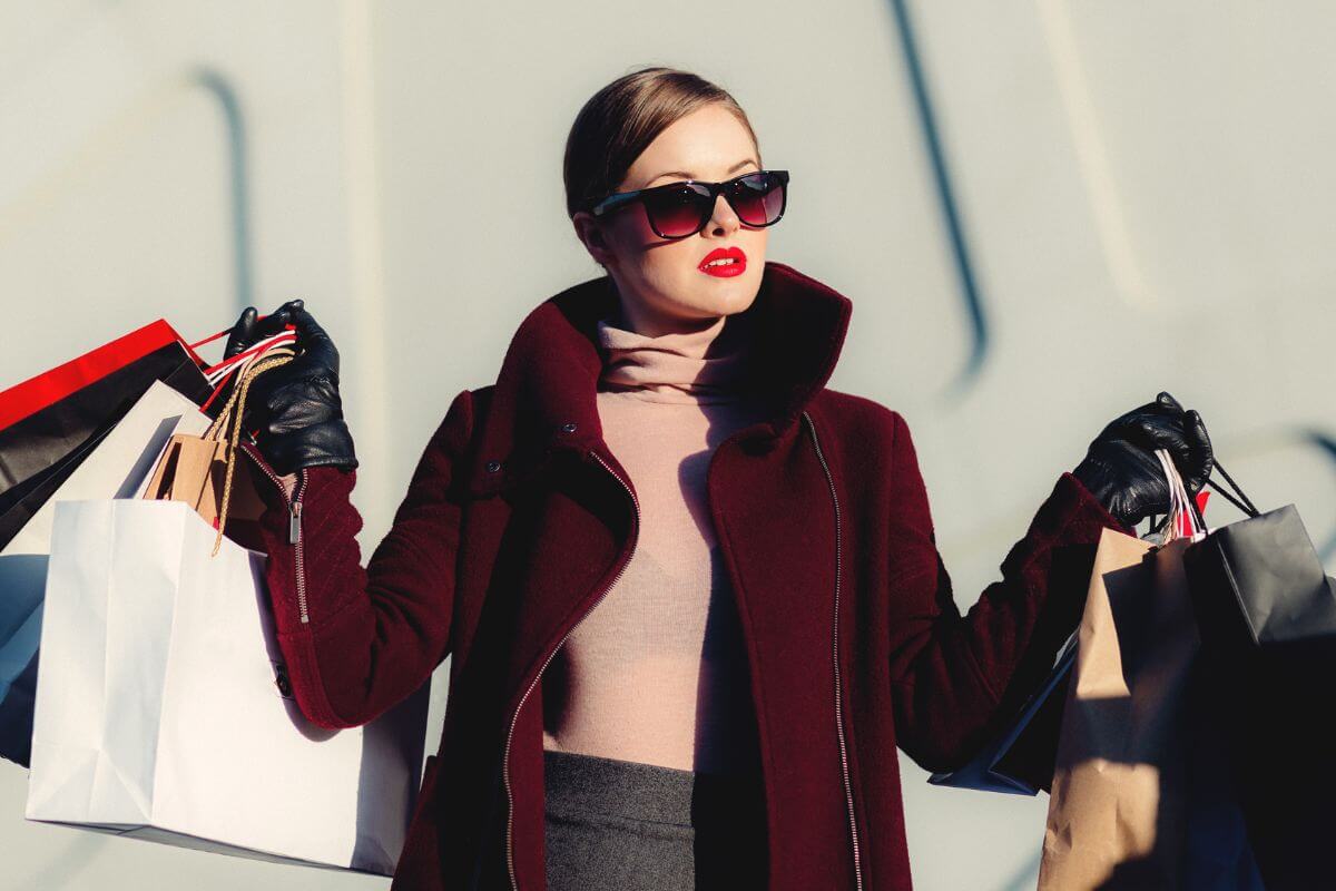A photo of a woman who shopped a lot. 