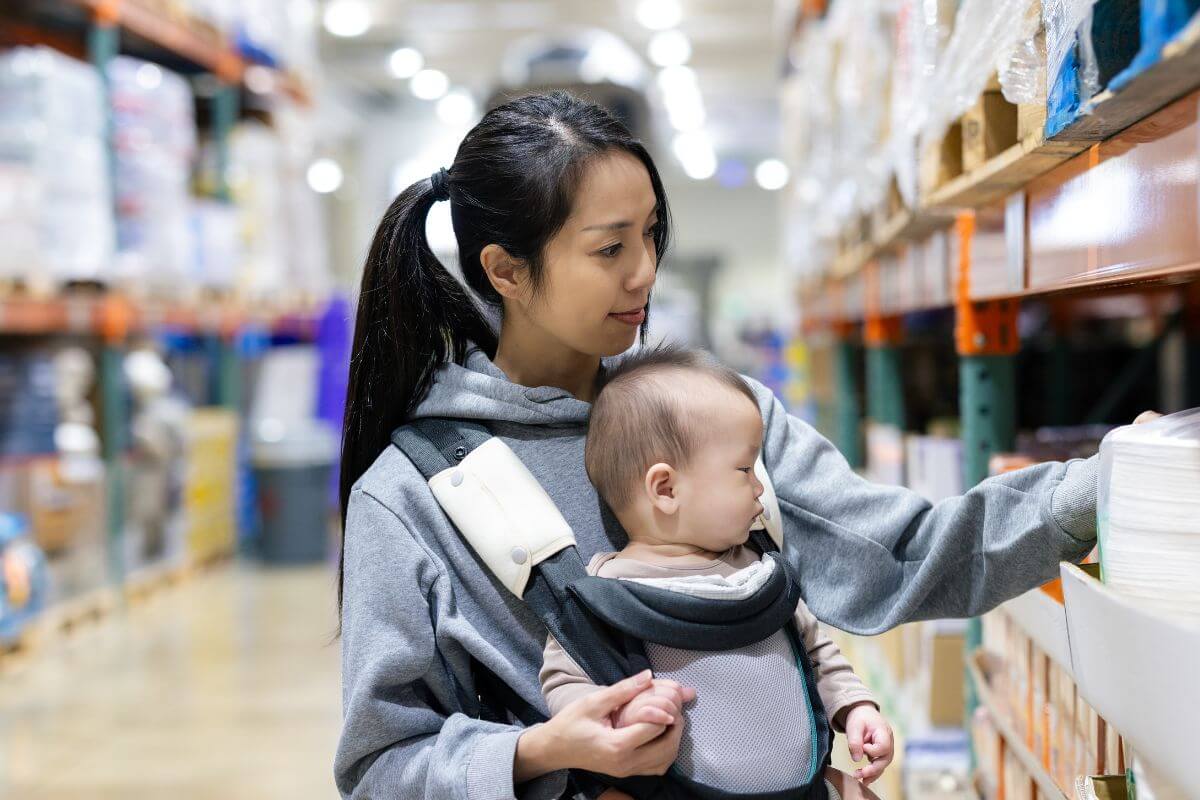 A picture of a mom and her baby while shopping.