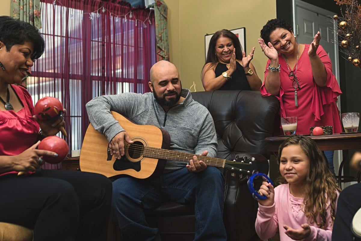 A picture of a family music jamming.