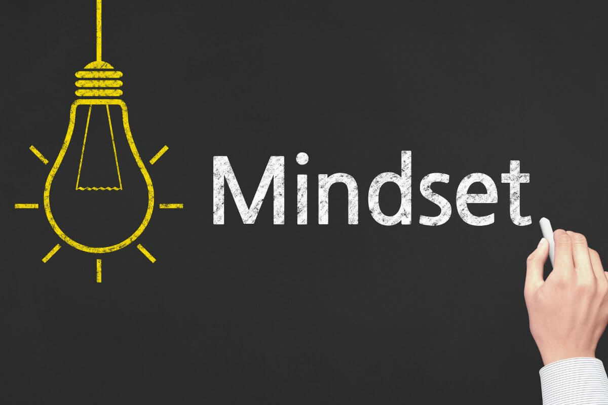 A picture shows a hand writing a mindset word on the board.