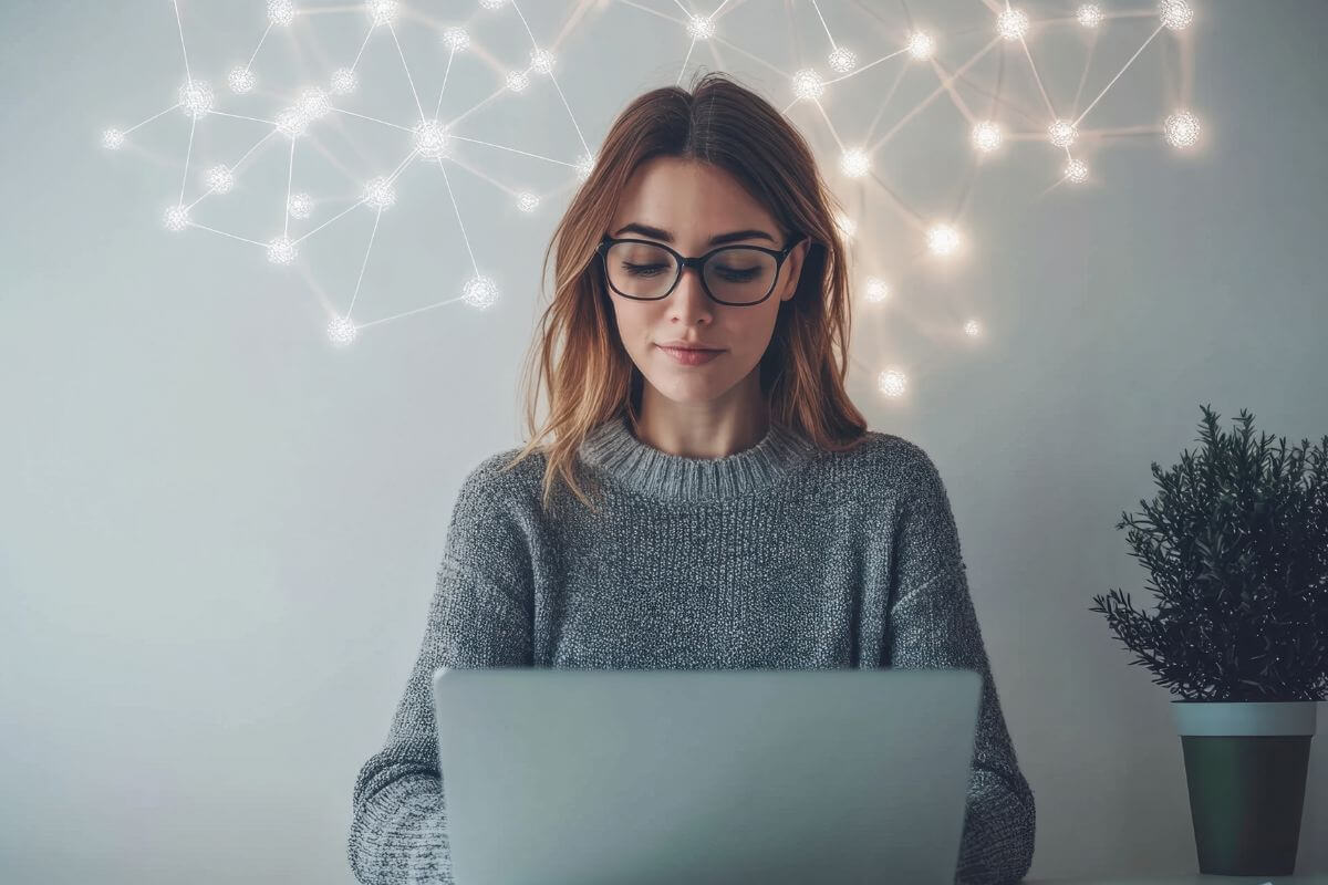 A picture shows a woman using a laptop.