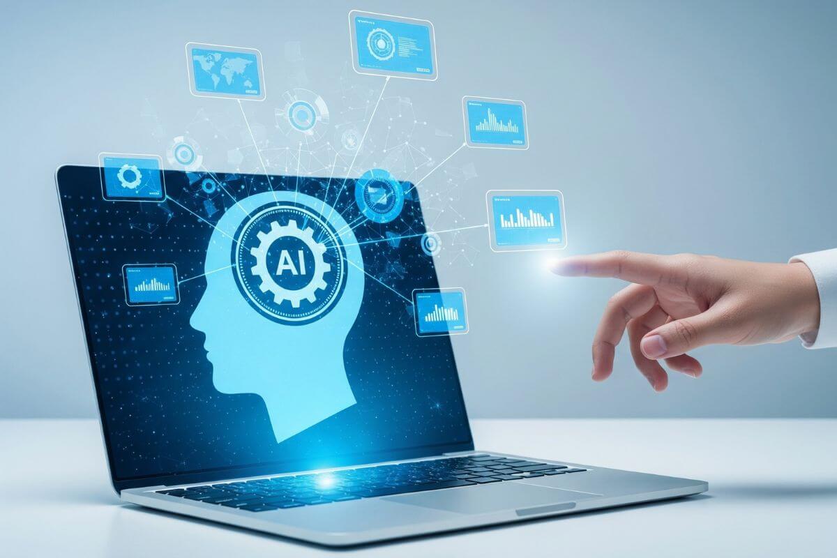 A picture of a laptop with an AI graphic.