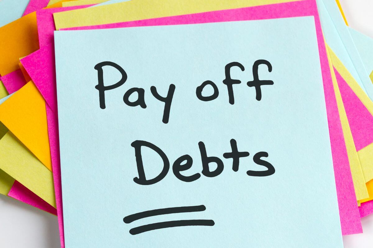 A picture of a note with the words "Pay off Debts".