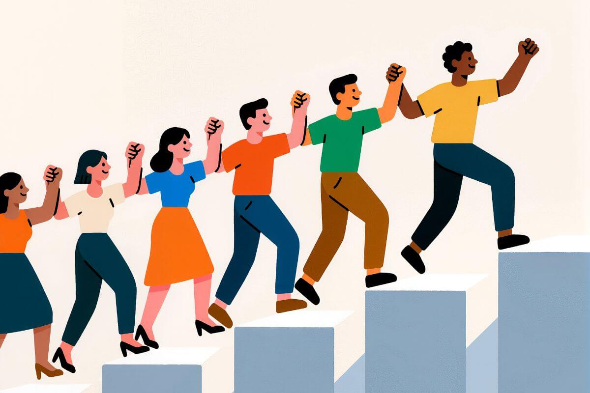 A picture of people climbing up.