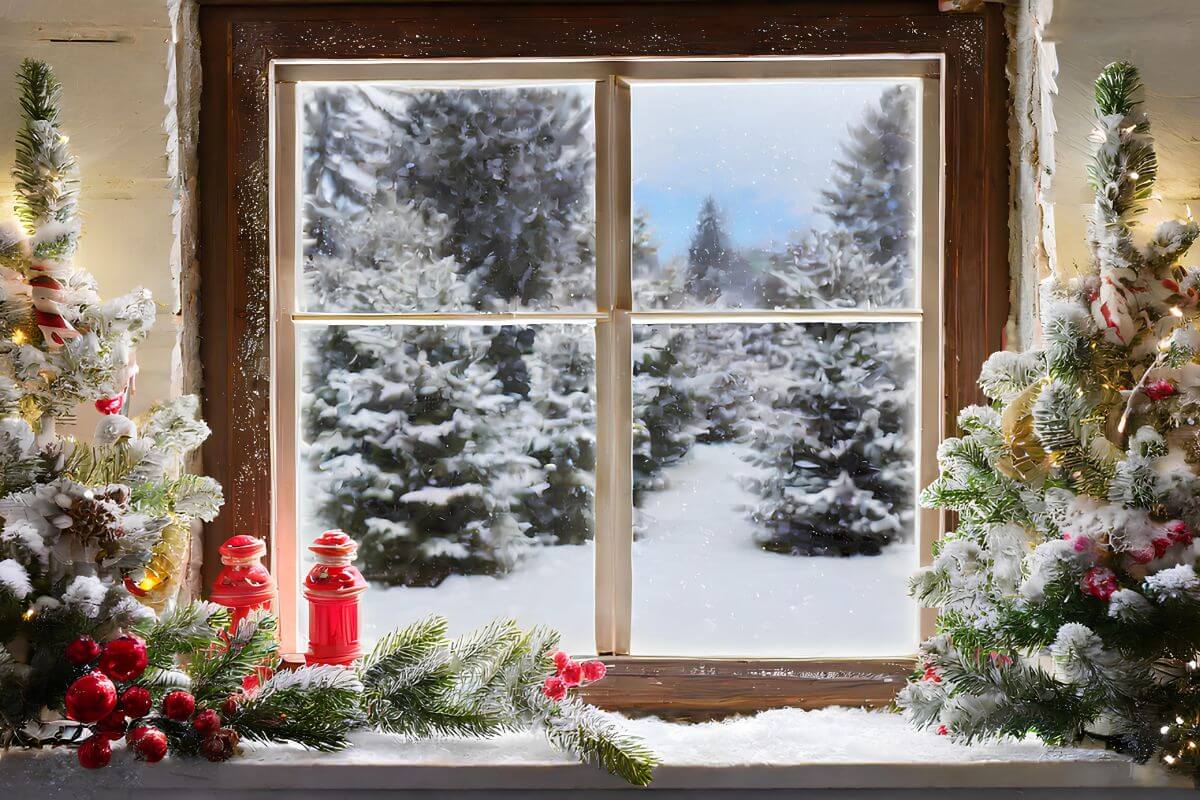 An image shows Christmas window decor in winter.