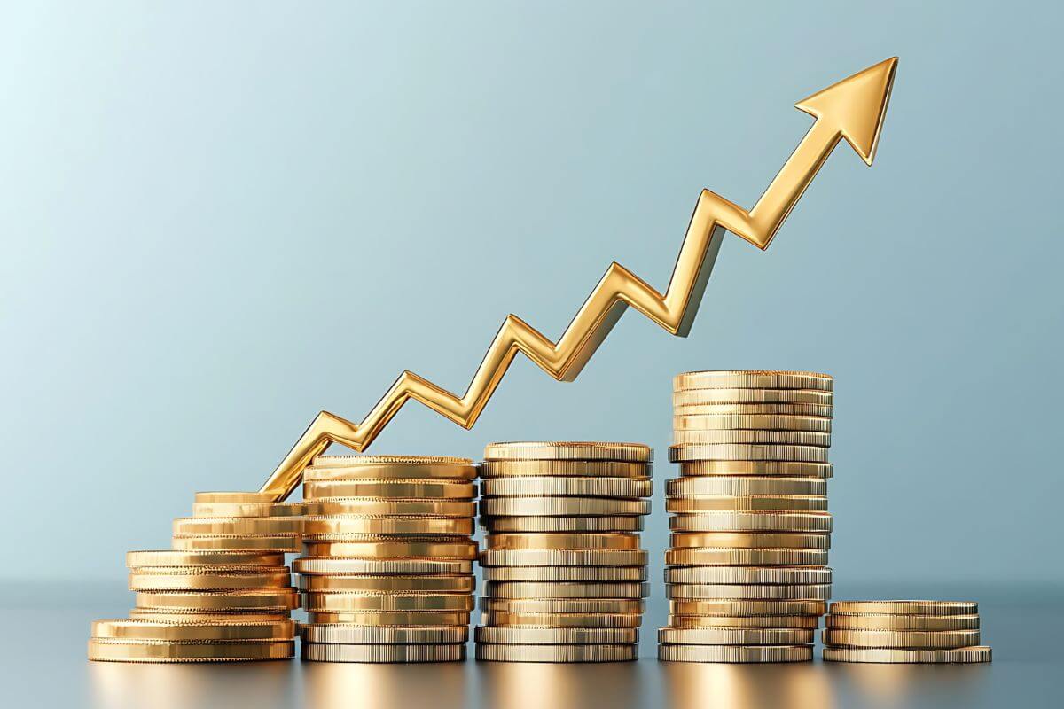 An image shows stacks of coins and a rising arrow.