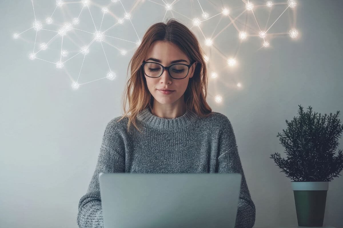 A picture of a woman using a laptop.