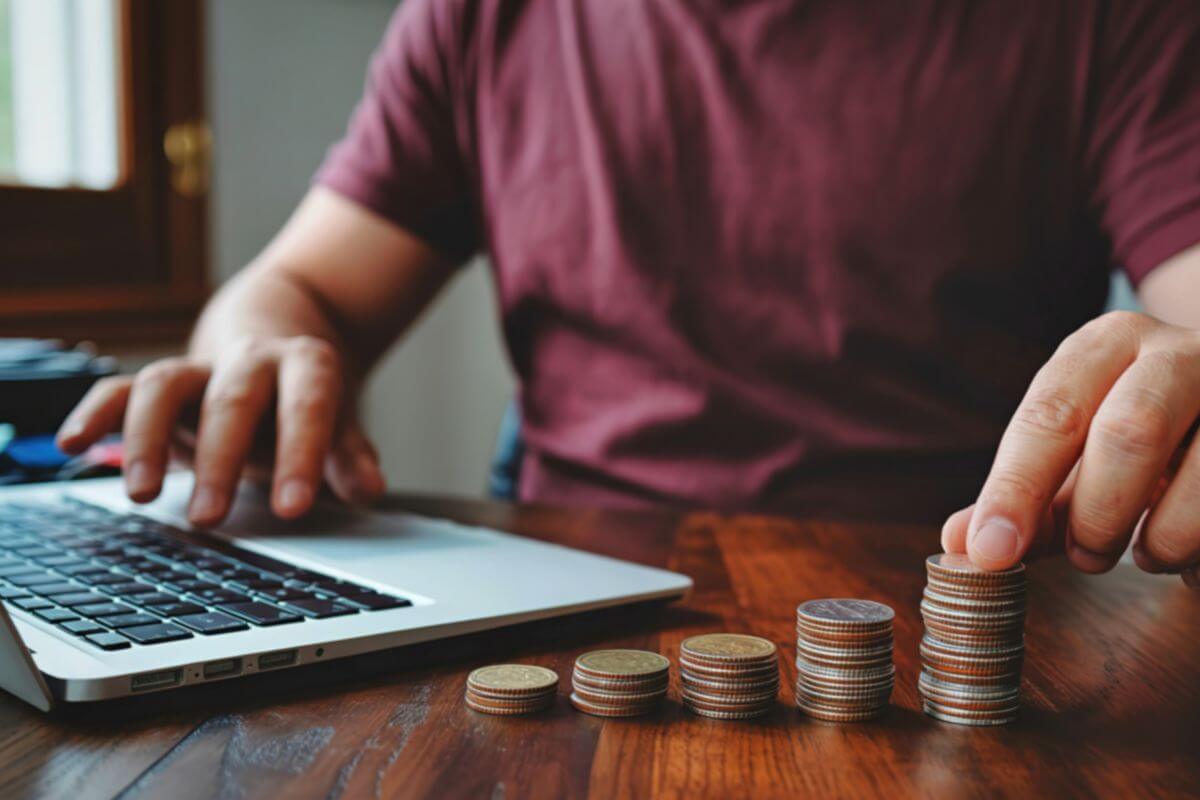 A picture of a man using a laptop and arranging coins.