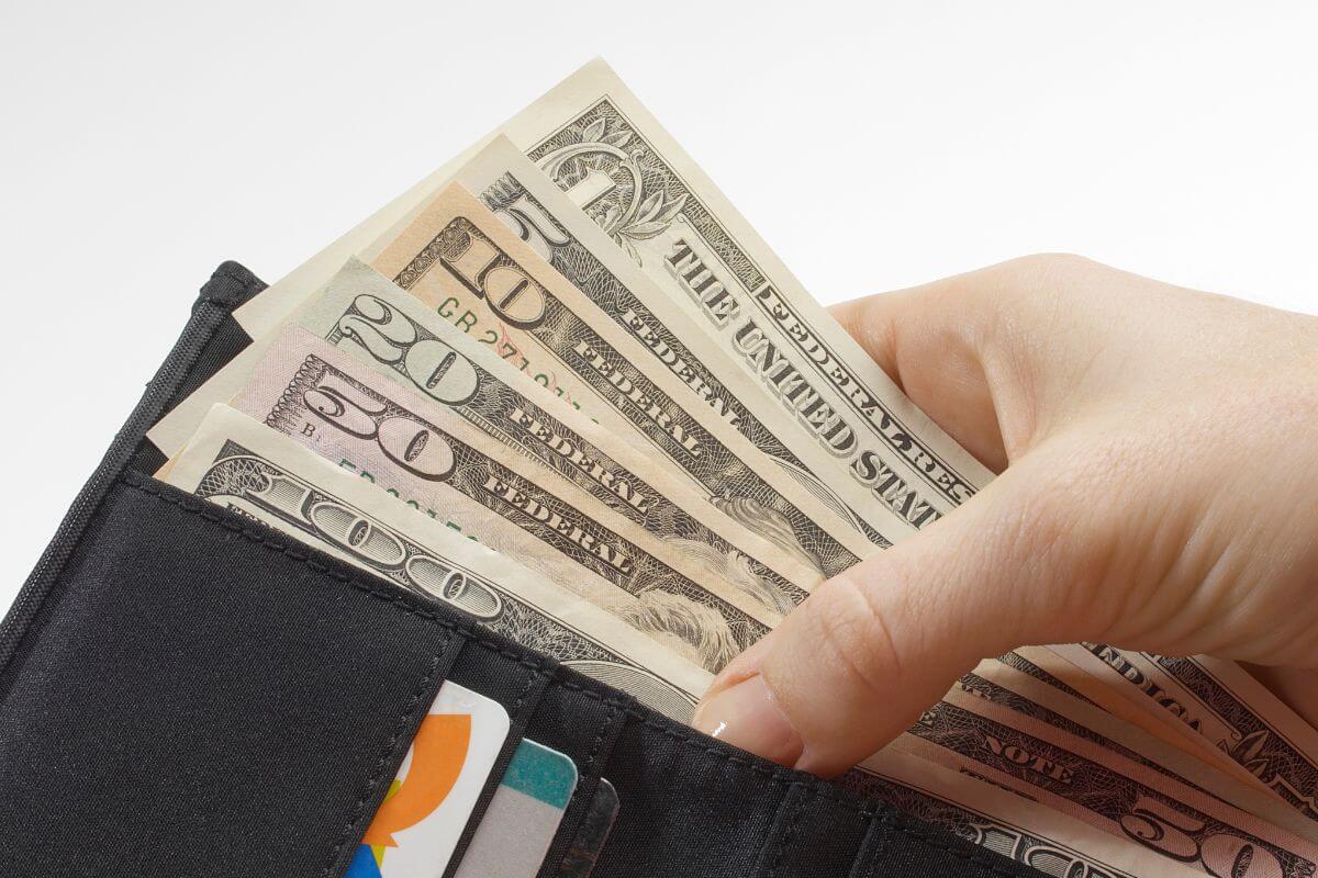 An image of a woman's hand holding a wallet with money.