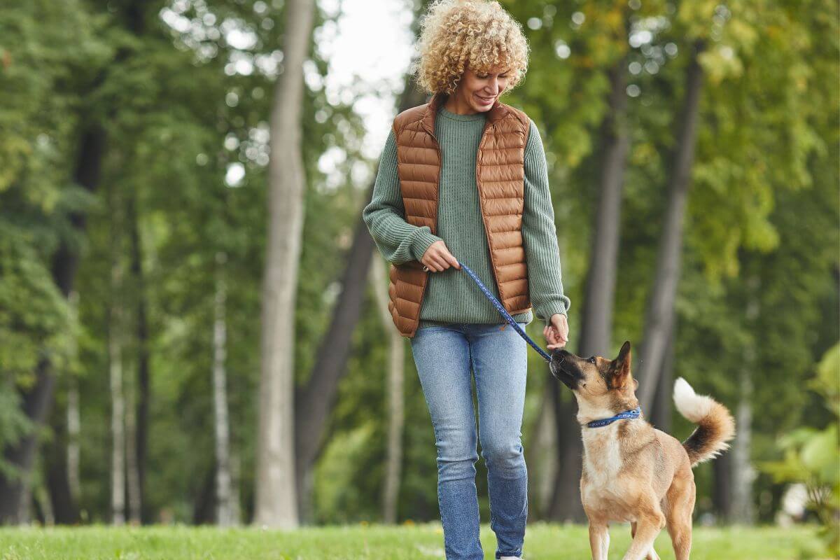 Une femme se promenant avec un chien.