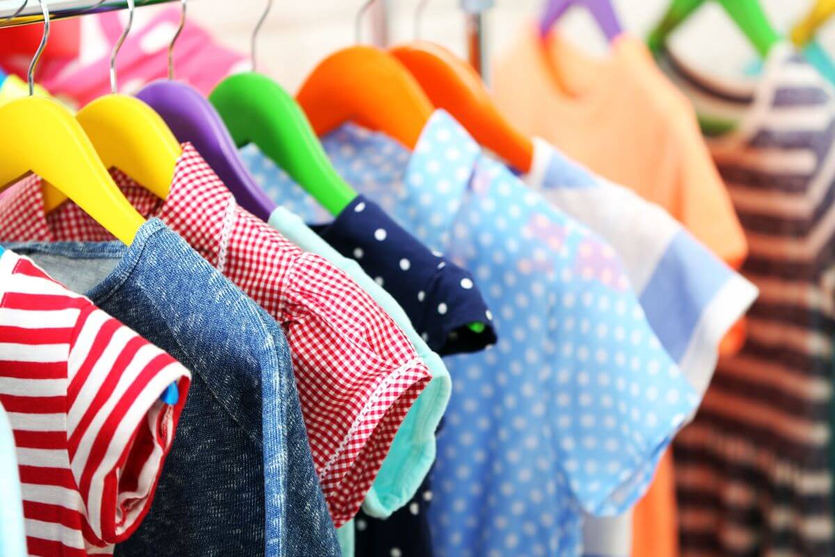 An image shows colorful kids' clothes.