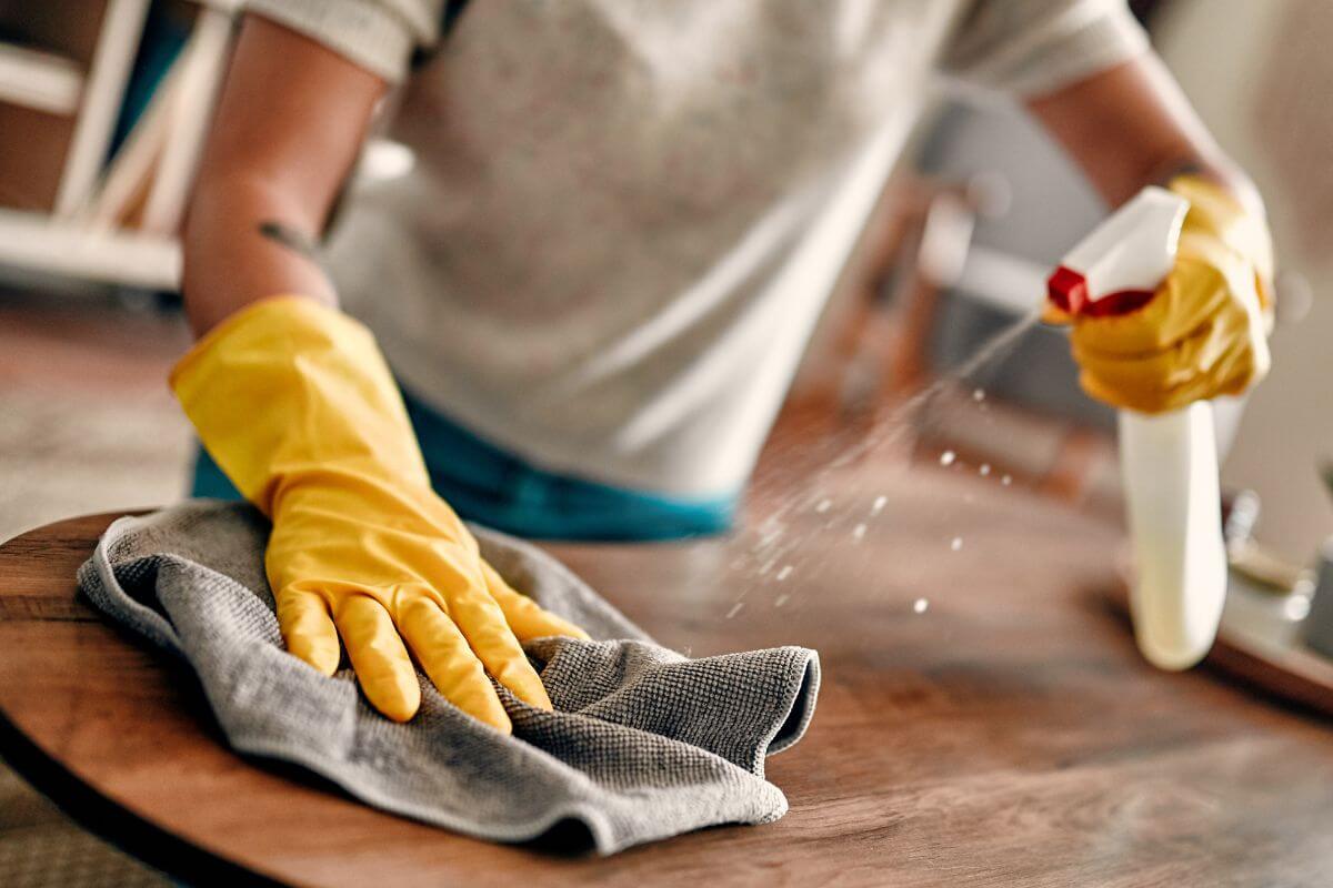 Une image montrant une femme nettoyant une table.