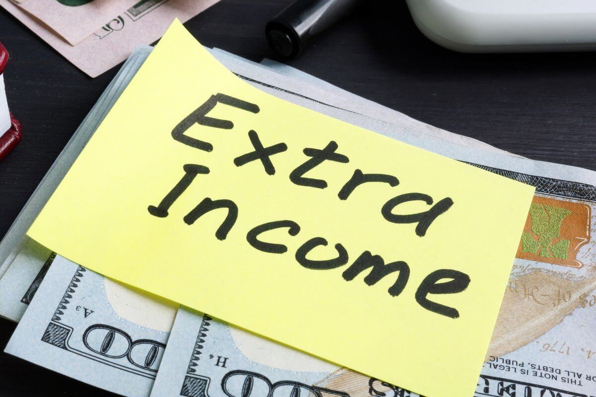 Une image montrant un papier avec le mot revenu supplémentaire et de l'argent.
