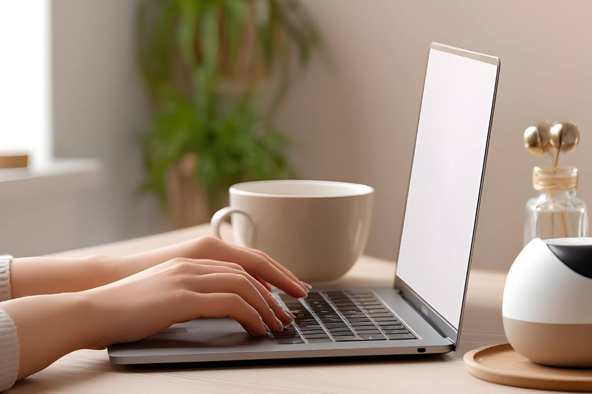 A picture of a woman using a laptop.