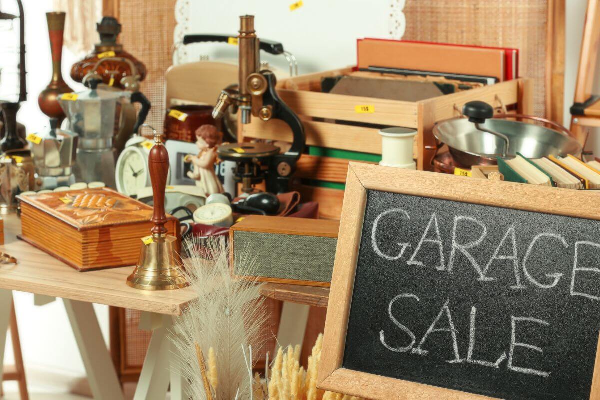 A picture of stuff at a garage sale.