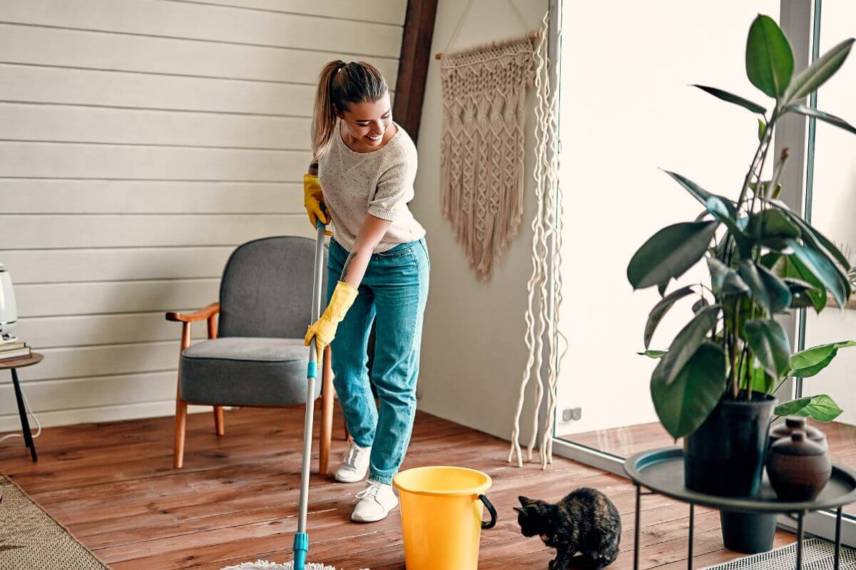 Une femme mappe le sol.