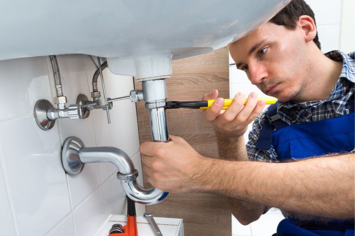 An image shows a man fixing the sink pipes.